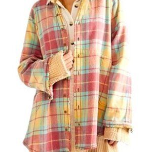 We The Free Red and Yellow Oversized Button Down Shirt